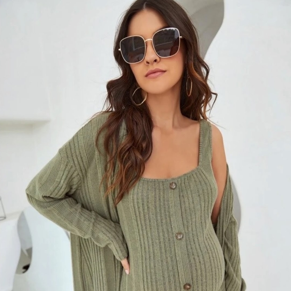 ***SALE*** Olive Green Ribbed Midi Maternity Sweater Dress and Cardigan Set